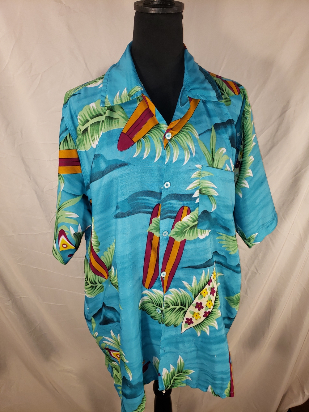 Wo.en's Casual Short-Sleeve Surf Print Button-Down Shirt - Blue - XL
